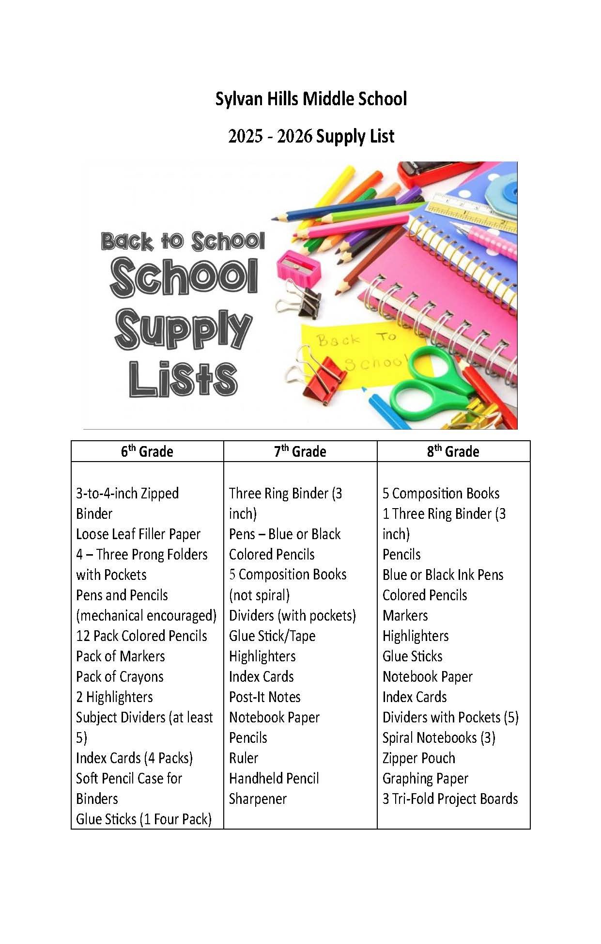 2025 - 2026 School Supply List
